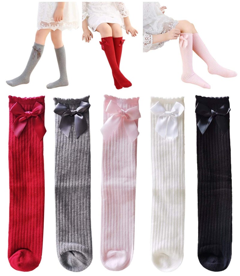 Toptim Little Girl's Knee High Socks Over Calf Kids Overknee Stockings Bow Style 3-12T(Bow2-5Piars) - Image 1